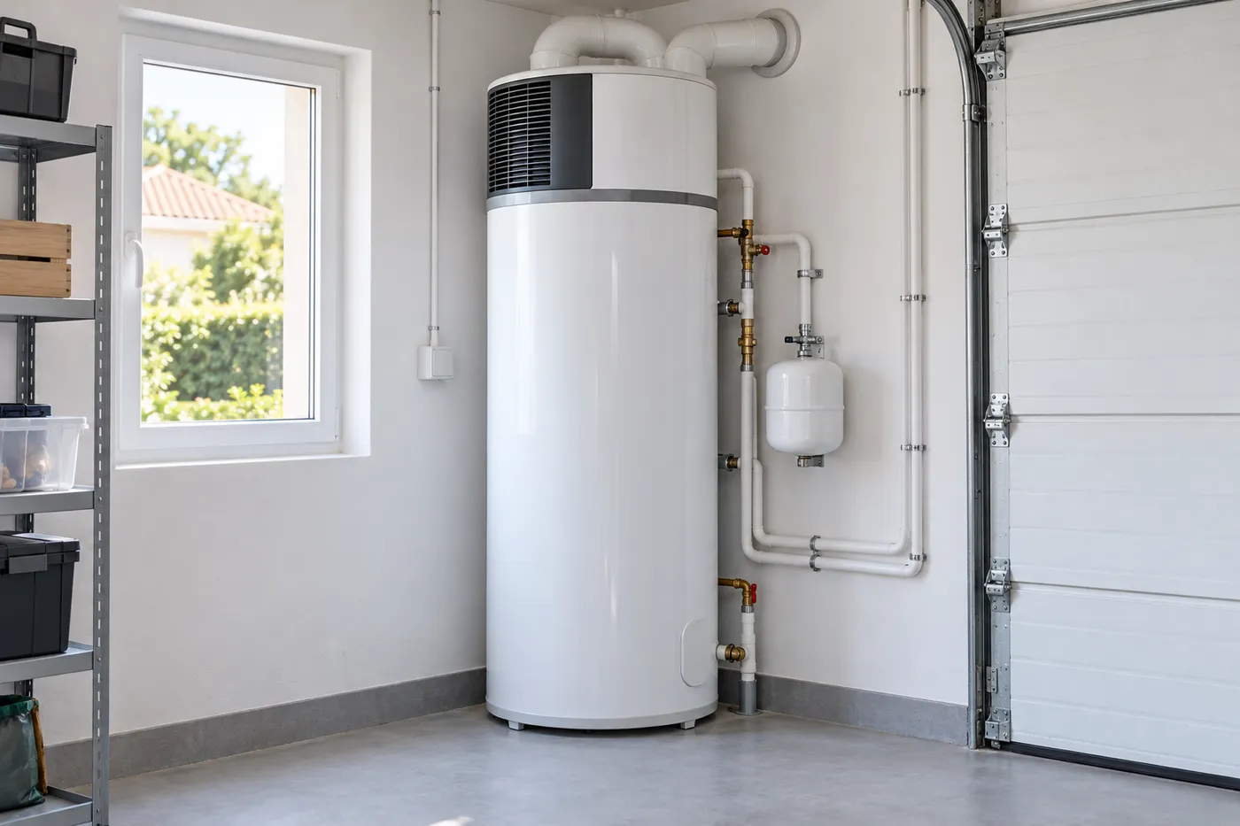Chauffe-eau thermodynamique posé au sol dans le garage lumineux d'un pavillon, tuyauterie blanche raccordée