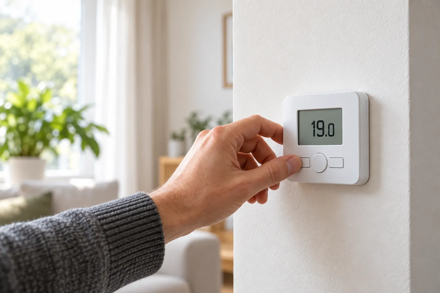 Main réglant un thermostat d'ambiance mural affichant 19,0 dans un séjour lumineux