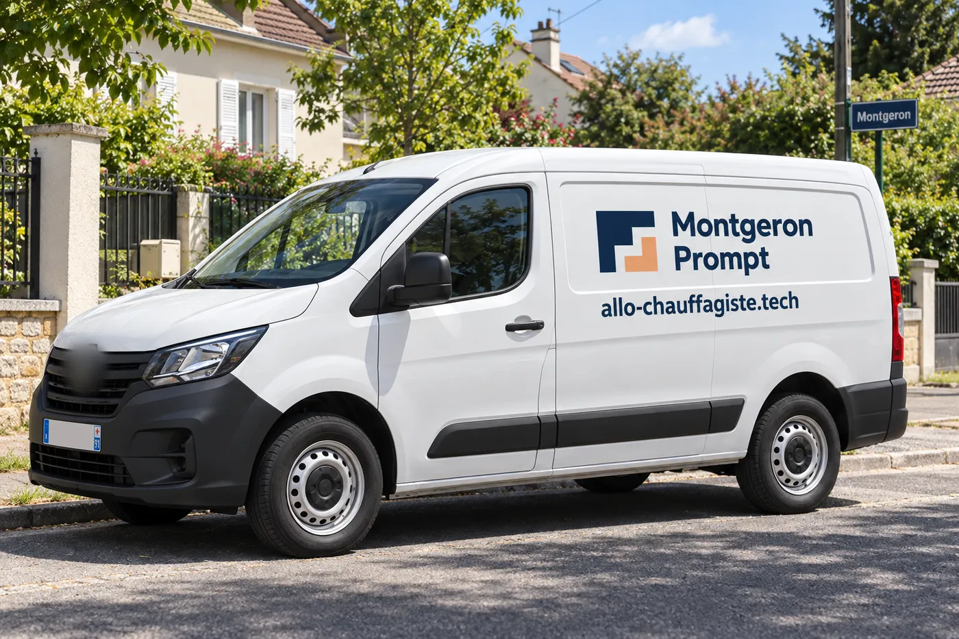 Utilitaire blanc aux couleurs de Montgeron Prompt, avec l'adresse allo-chauffagiste.tech, garé dans une rue pavillonnaire de Montgeron